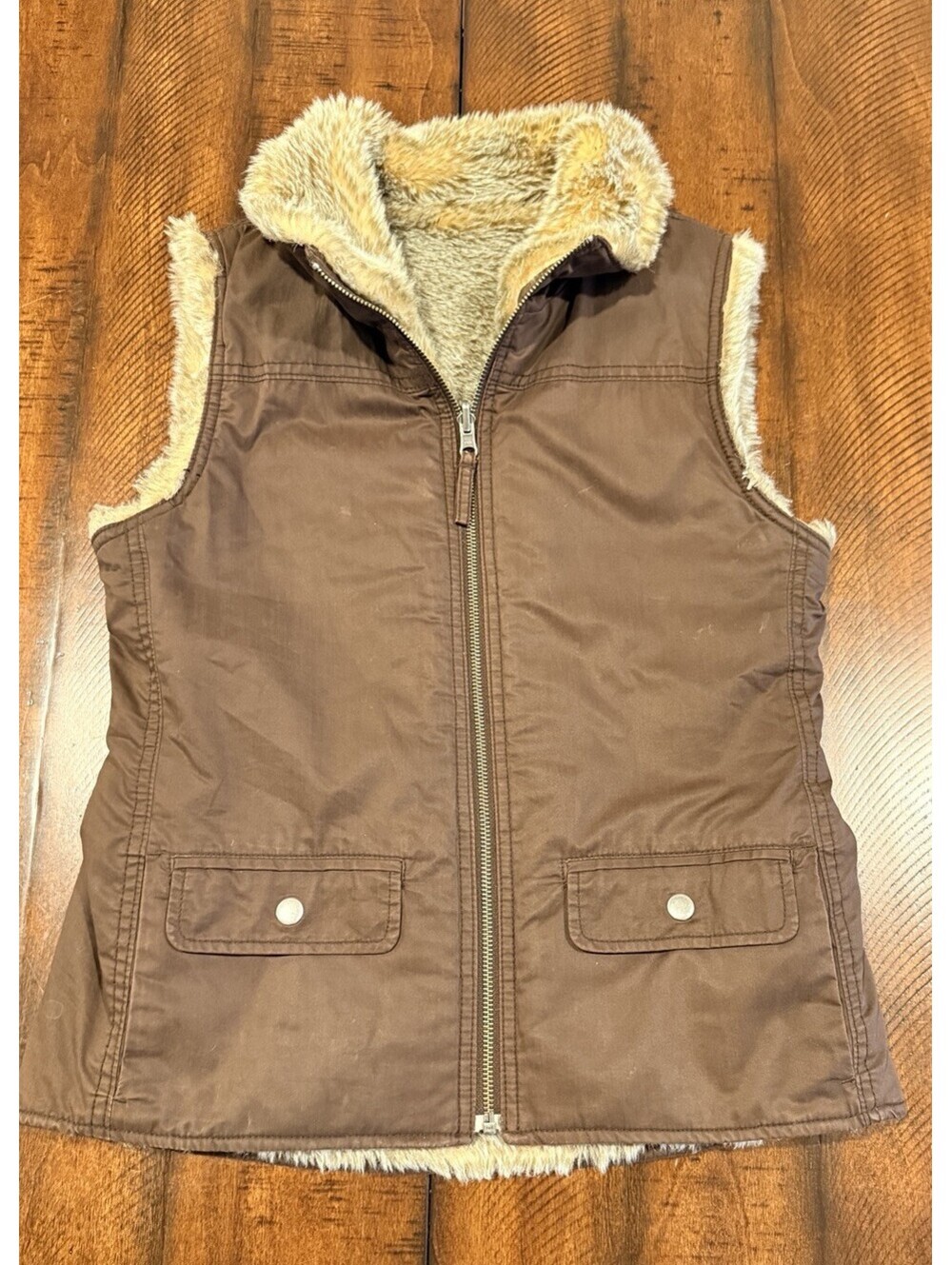 GAP Brown Sherpa Reversible Vest - Faux Fur Lining, Size Extra Small